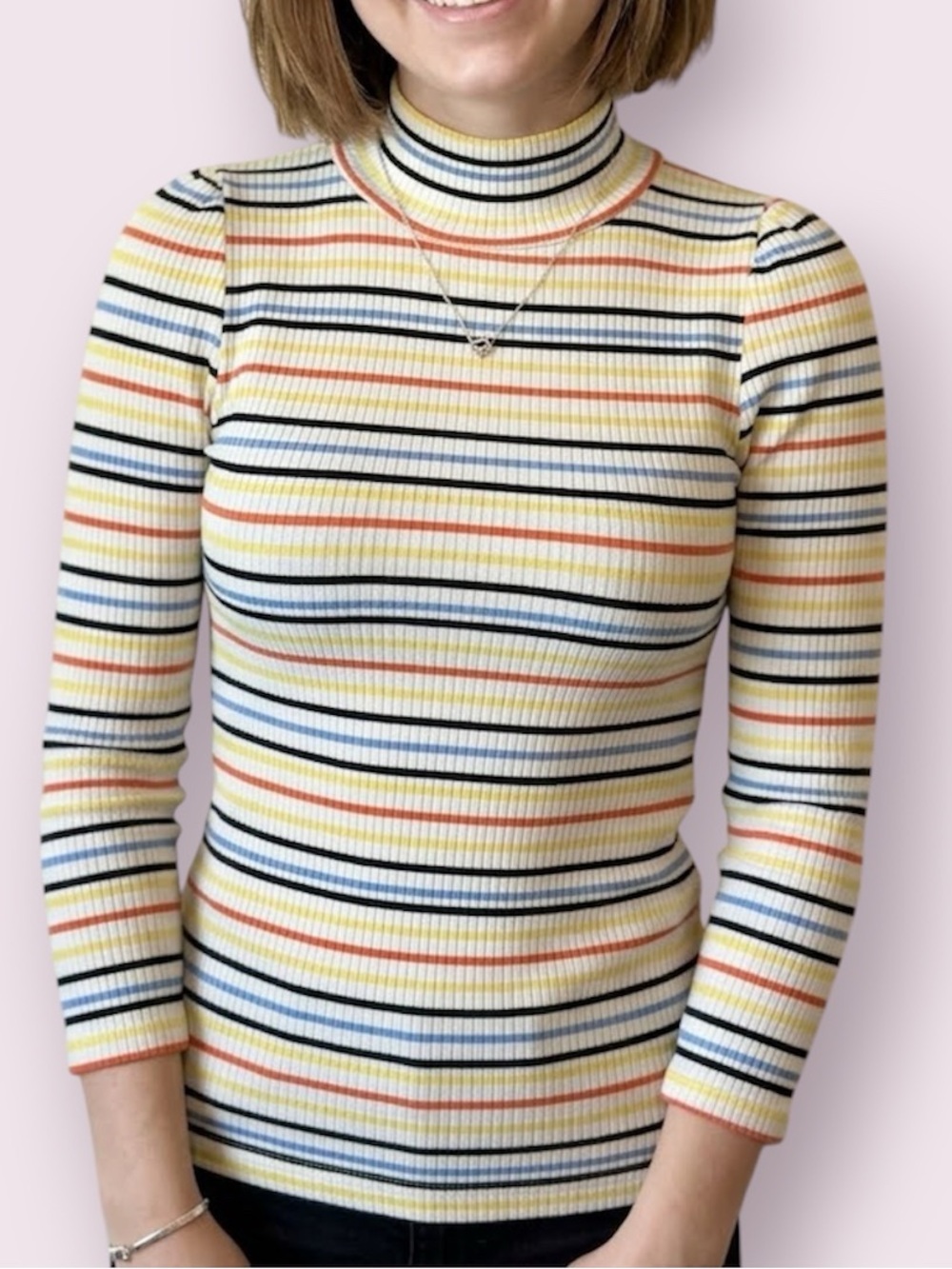 Free People Striped Ribbed Mock Neck Top Size Small